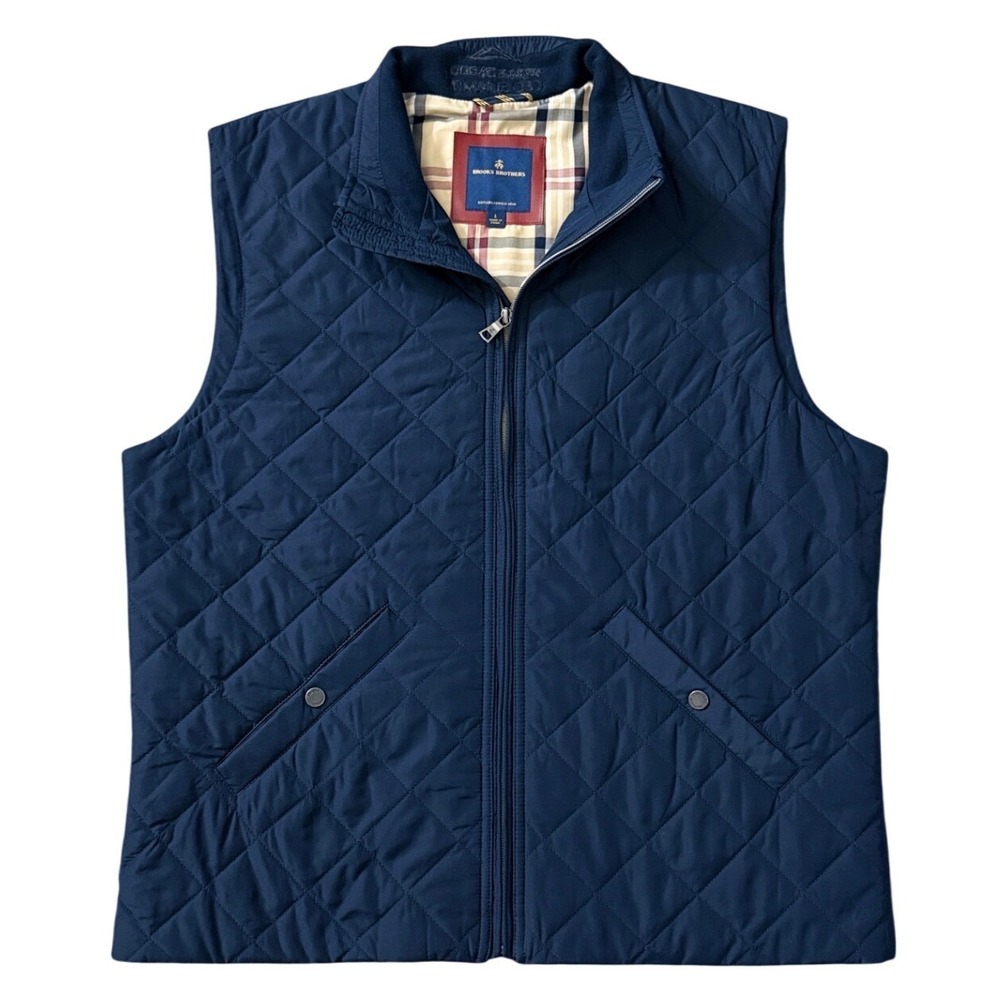 Brooks Brothers Mens Navy Blue Quilted Vest Full Zip Plaid Lining Neck Print L